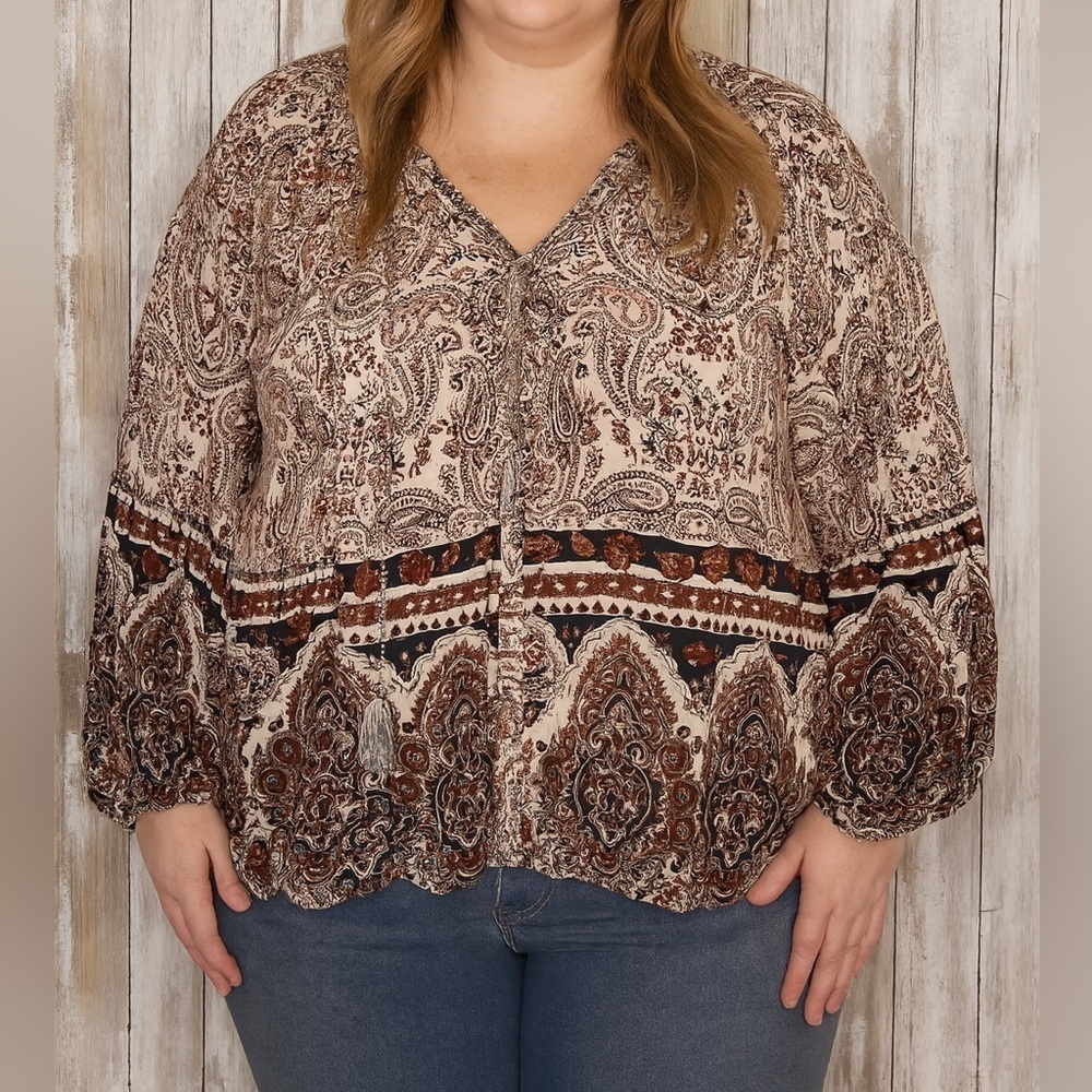 Lucky Brand 1X Linen Blend Paisley Boho Peasant Blouse Tie Neck Brown